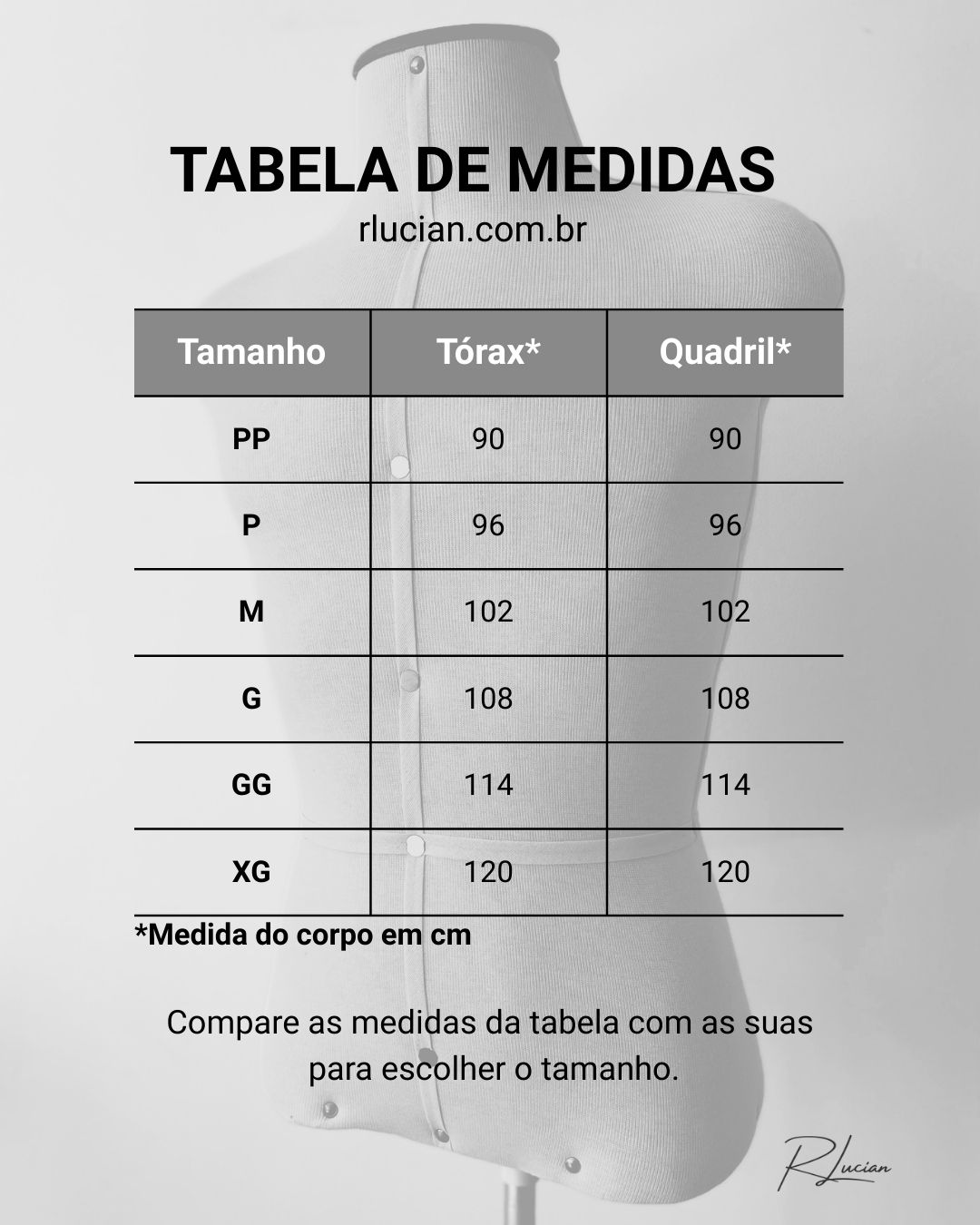Tabela de Medidas R Lucian 2025